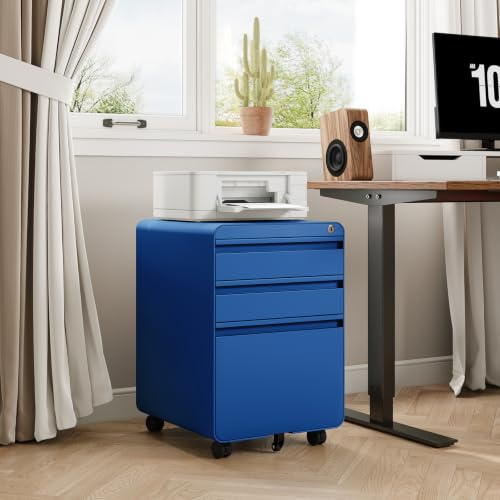 Dripex 3-Drawer Mobile Filing Cabinet, Lockable, Deep Blue | Pre-Assembled, Steel Construction, Hanging File Rails A4/Letter/Legal File, Lockable Swivel Castors, Anti-Tilt Design