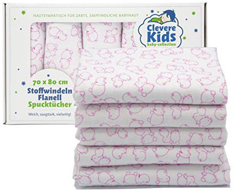 ClevereKids | Moltontücher Flanellwindeln Spucktücher | 5er-Pack | 75 x 80 | Tiere und Sterne | OEKO-TEX | Kuschelqualität (Nilpferd rosa)