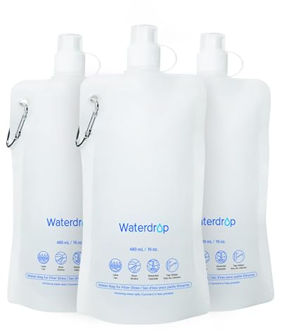 Waterdrop 16 oz Collapsible Water Pouch, Pack of 3, Hiking, Camping, Travel, BPA-Free, Reusable, Foldable