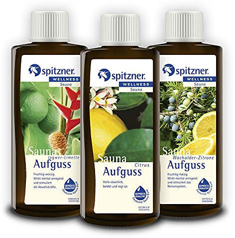 Spitzner Saunaaufguss-Set in Geschenkbox Reise in die Kreativität: Ingwer-Limette, Citrus und Wacholder-Zitrone (3x190ml)