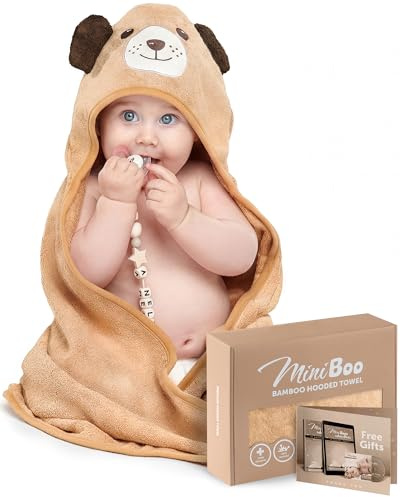 MINIBOO Premium handduk med huva med unik hunddesign – extra mjuk och absorberande Rayon från bambu babyhanddukar för nyfödda, spädbarn och småbarn – perfekt som babygåvor