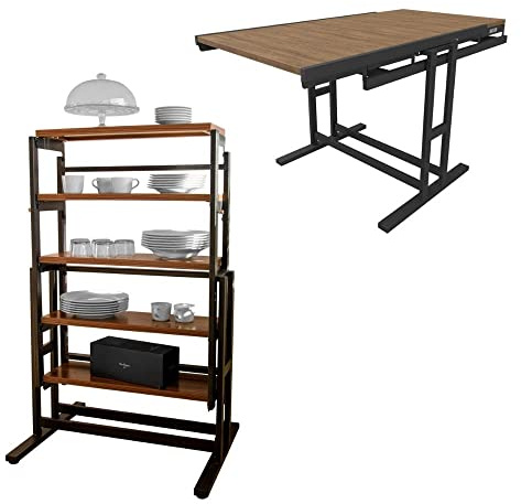 BLUMIE Table modulable (L120 x l78 x H77,5 cm) Convertible en Etagère - Style Industriel - Couleur Noyer