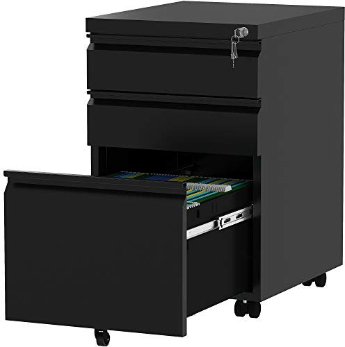 YITAHOME Mobiler Aktenschrank, Abschließbar Rollcontainer mit 3 Schubladen für A4, Legal, Letter, Metall Büroschrank mit Rollen für Home-Office, 46 x 39 x 62cm, Schwarz