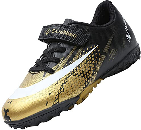 VLOOKST Fußballschuhe Jungen Kunstrasen Fussballschuhe Kinder Trainingsschuhe Mädchen Sneaker Sportschuhe Indoor Outdoor Turf Football Schuhe Unisex Schwarz Gold Gr.33