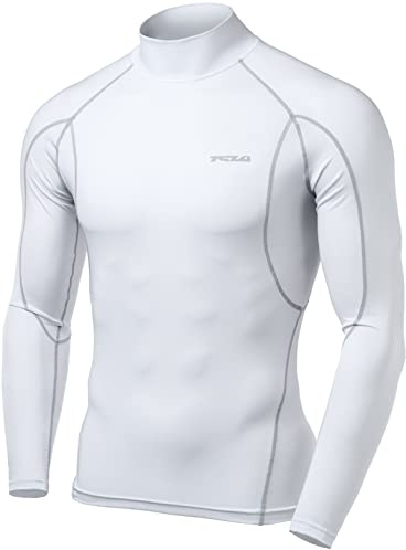 TSLA Men's UPF 50+ Mock Long Sleeve Compression Shirts, Athletic Workout Shirt, Base Layer for Water Sports, Athletic Mockneck White, X-Large