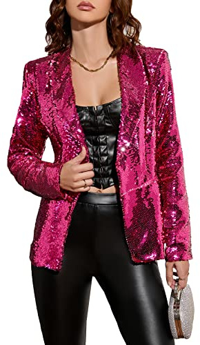 IWFEV Damen Pailletten Blazer Langarm Sparkle Open Front Jacke Schalkragen Cardigan, Rose, XL