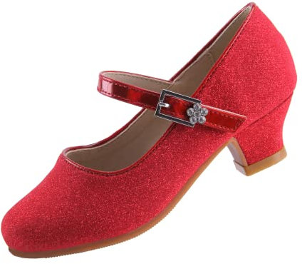 EIGHT KM Girls High Heel Dress Shoes Mary Jane Princess Wedding Party Pump Shoes EKM7015 Sparkle Glitter Minerva Red 4 UK Big Kid