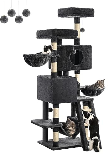 FourFurPets Kratzbaum 160 cm hoch, Aktivitätsbaum für Katzen, mit 2 Plattformen, 2 Höhlen, 2 Korb, Hängematte, Plüschbälle,Sisal-Treppe, Rauchgrau
