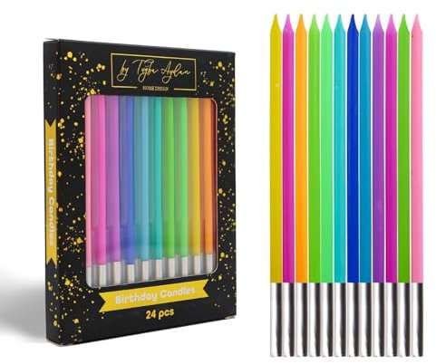 by Tugba Aydan - Regenbogen-Geburtstagskerzen - 24 Stück lange dünne Regenbogen-Geburtstagskerzen für Kuchen, Metallic-Kuchenkerze für Geburtstag, Party-Kerzen