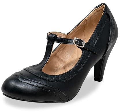 Chase & Chloe Women's Two Tones Wing Tips Retro 1950s Vintage T-Strap Round Toe Mary Jane Oxford Pumps