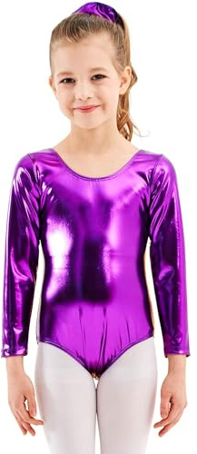 Carnavalife Maillot Ballet Niña de Manga Larga y Cuello Redondo, Maillot Danza Niña para Bailarina Gimnasia, (Morado brillo, 6 años)