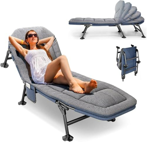 YUODIJIO Lit de Camp Pliable 1 Personne, Lit de Camping Adulte avec Matelas et Poche LatéRale, Dossier RéGlable 5 Positions, Charge Jusqu'à 160 Kg, pour L'ExtéRieur, Le Camping, Les Voyages (Gris)