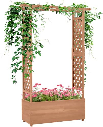 Outsunny Fioriera con Grigliato e Tettuccio in Legno di Abete, Fioriera da Esterno con Fori di Drenaggio, 112x41x180 cm, Marrone