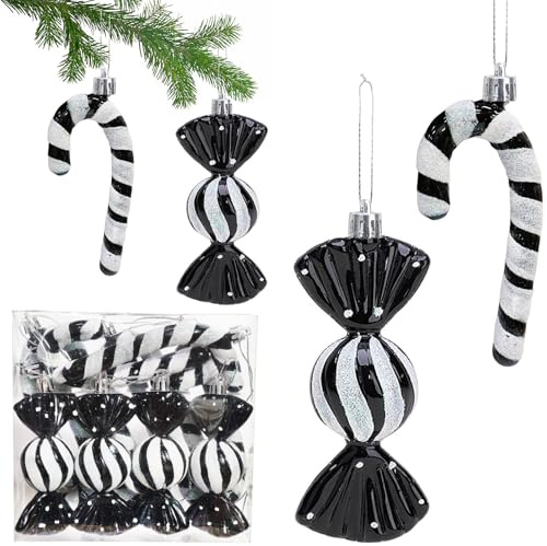 12 stycken glitter julgransprydnader svart, XXL julgranskulor, polkagrisar, dekoration, jul, julgran, hänge, julgransprydnad, svart vit för julgransdekoration, julgransprydnad