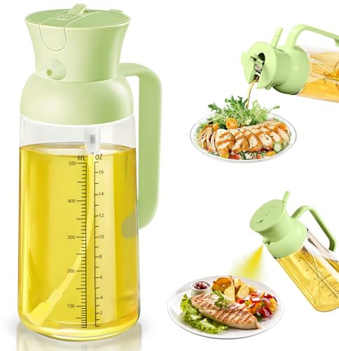 2-in-1 Olive Oil Dispenser, 550ml Glass Oil Mister Sprayer and Pour Bottle with Measuring Scale, Kitchen Gadgets for Air Fryer, Salad, BBQ, Black (Green)