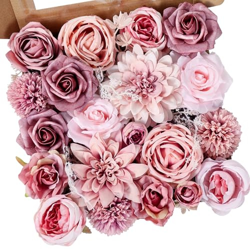 Luckinds Artificial Flowers Dusty Pink Silk Roses, Fake Flowers for DIY Wedding Bouquets Bridal Shower Centerpieces, Floral Arrangements for Table Decorations Birthday Party Home Decor Indoor Outdoor