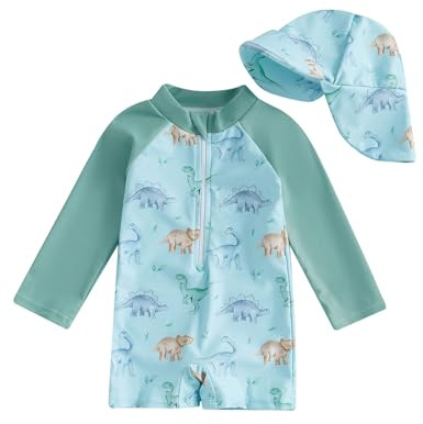 WYTbaby Traje de baño de una pieza para bebé, ropa de protección UV de manga larga para bebé niño con sombrero para el sol, verde, 12-18 meses