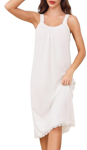 Vlazom Nighties for Women Sleeveless Cotton Nightgown Elegant Lace Trim Nightdress Sleep Shirt Sleepwear White,S