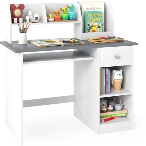 GOPLUS Escritorio Infantil de Madera con Cajón, Mesa Juvenil con 4 Estantes Abiertos, Bandeja para Teclado, 3 en 1 Escritorio para Niños con Dispositivo Antivuelco, 90 x 45 x 90 cm (Gris)