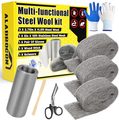 Alabrocon Steel Wool Kit with 3 PCS 11.5 Ft Steel Wool, 15 Ft Wire Mesh