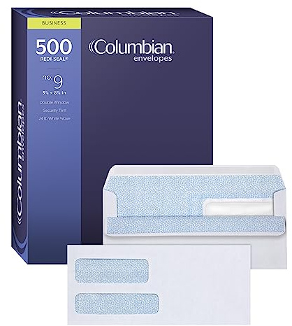 Columbian #9 Security Envelopes, 500 Pack, Double Window Self Seal Envelopes for Invoices and Business Mailings, 3-7/8 x 8-7/8, Durable 24 lb White Paper