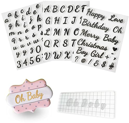4PCS Alphabet Cake Stamps Tool for Fondant Cookie Biscuit, Pretty Handwriting Food Grade Fondant Letter Stamp Uppercase Lowercase Numbers Words Reusable Cookie Stamp for Christmas Party