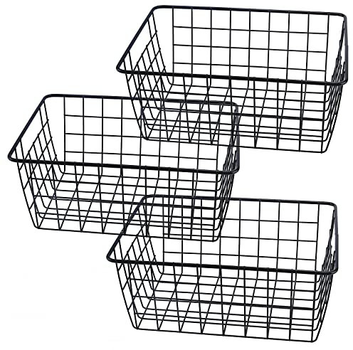 SINJEUN Set of 3 Black Metal Wire Storage Baskets, 28x12x12 cm Large Wire Baskets with Handles, Wire Baskets Organizer Bins Pantry Storage Bin Basket for Cabinet, Office, Bathroom Shelf Storage