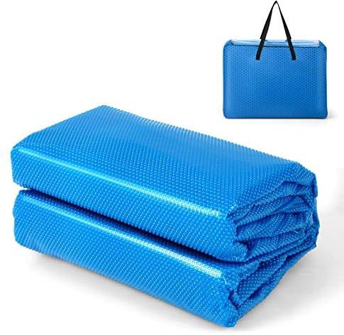 GYMAX Pool Cover, 16 FT x 32 FT 12-mil Solar Pool Cover with Carry Bag, Heat Retaining Rectangle Bubble Cover Floating Spa Blanket for Tub, In-Ground & Above Ground Swimming Pools (Blue)