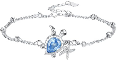 Hifeeled Pulsera Tortuga Plata de Ley 925 para Mujer Estrella de Mar Colgante com 3A Circonia Cúbica Regalos Originales Para Mujer Ajustable（16cm+4）