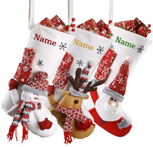 iDIY Calcetines de Navidad Personalizados con Nombre - Paquete de 3, Calcetines Navideños Personalizados con 3D Papá Noel, Reno, Muñeco de Nieve