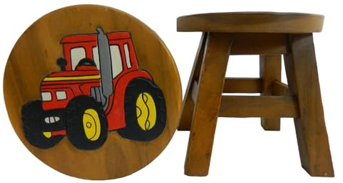 Children's Wooden Stool, Red Tractor Design - Handmade Acacia Wood - Small Chair, Footstool or Side Table - Nursery & Bedroom Decor - Fun Step Stool for Kids - Ideal Christmas & Birthday Gift