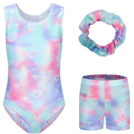 Sinoeem Maillot de gimnasia para niñas, manga larga/sin mangas, ropa de danza, ballet, pantalones cortos deportivos y diadema de colores brillantes para niñas de 5 a 12 años, B131_Smudged, Tag