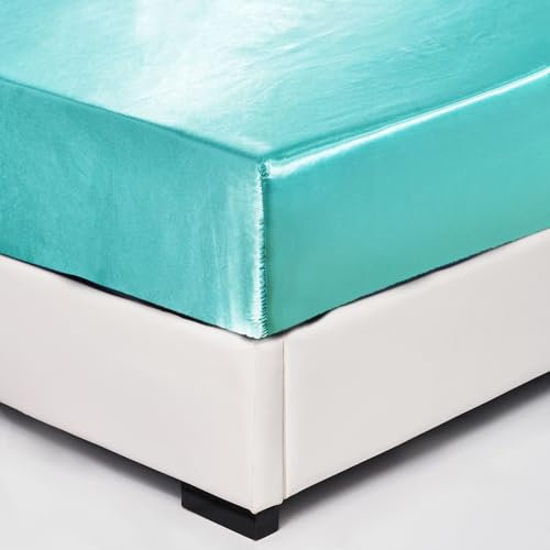 Wotcsil Satin Spannbettlaken 140x200cm Türkis Grün für Matratze Boxspringbett Topper bis 30 cm Satin Seide Spannbetttuch Bettlaken Elastisch Deluxe Unifarben Spannbetttuch Polyester-Satin
