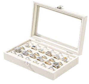 Adugay Estuche expositor de anillos, caja organizadora de anillos de joyería para anillos, caja de soporte para anillos y aretes para niña, bandeja de exhibición de anillos de terciopelo beige con 30