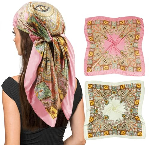 vimate Satin Stirnband Schal - Damen 35'' Quadrat Rosa Creme Paisleysatin Hals Schals Sei Kopftuch für Haar Wrap Schlafen (2 Pack-B)