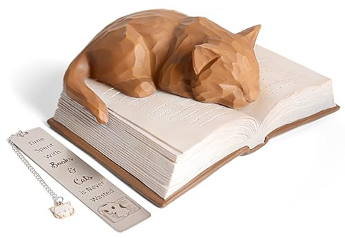 Vofstand Cat Lovers Gifts for Women - Cat Ornaments with Cats Bookmark for Book Lovers, Cute Sleeping Cat's Figurines Kat Book Themed Presents for Home Bookshelf Decorations (Brown)