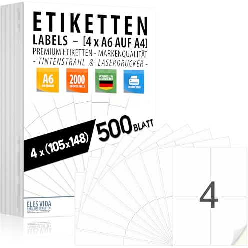 Etiquetas 105 x 148 mm autoadhesivas (4 piezas por hoja A4), superficie blanca mate, impresoras de tinta y láser, etiquetas de envío (inyección de tinta y láser), MADE IN GERMANY (500 hojas - 2000 eti