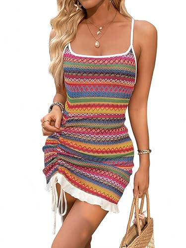 Belriviere Women Mini Dress Square Neck Camisole Sundress | Striped, Knitted, Spaghetti Strap, Backless, Short Beach Dress with Pleats for Casual Wear & Holiday