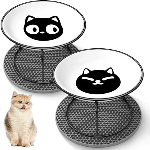 FoiiLiio Comedero Gato Elevado 2 Piezas Cuenco Cerámica Gato Elevado 10 cm con Soporte y Antideslizante Alfombrilla, Platos para Gatos Elevados para Agua y Comida
