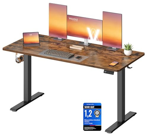 VASAGLE Escritorio Eléctrico Ajustable en Altura, Escritorio para Ordenador, Recordatorio de Sedentarismo, Función de Memoria con 4 Alturas, para Oficina, 140 x 60 cm, Marrón Rústico LSD314KD03