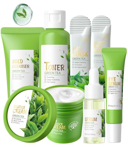 Kit de soin de la peau pour adolescentes et femmes, kit de soin du visage au thé vert, kit de soin de la peau pour nettoyer, hydrater, enlever les points noirs pour les peaux sensibles et acnéiques
