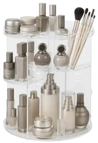 Globly Organizador de maquillaje giratorio a 360 ° ajustable transparente | Porta maquillaje con 4 estantes redondos para perfumes, cremas, maquillaje y pinceles
