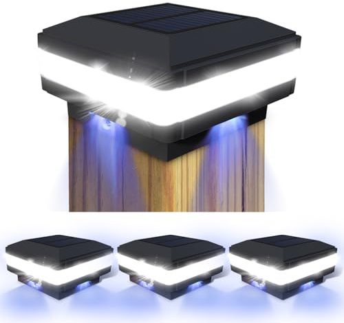 Sumaote Solar Post Cap Light, 52 LEDs 160 Lumen Outdoor Solar Post Light Fits 4x4 5x5 6x6 Wooden Posts IP65 Deck Fence Lights Platform Garden Patio 6000K White Lighting, Black Shell, 4 Pack