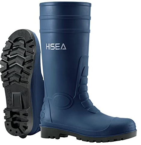 HISEA Men's Steel Toe Rubber Boots PVC Rain Boots,Garden Fishing Work Boots for Agriculture and Industrial Working Waterproof and Slip Resistant Knee Boots Size 12 Navy Blue