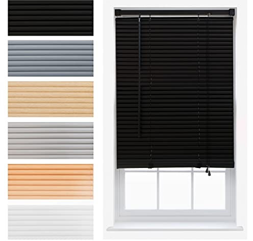 FURNISHED Venetian Blinds Window Venetian Blind Easy Fit PVC Shutters Trimmable Shades for Home Kitchen Windows Treatment Shutters 25mm Slats Complete Child Safe Fittings - Black 115W x 150L cm