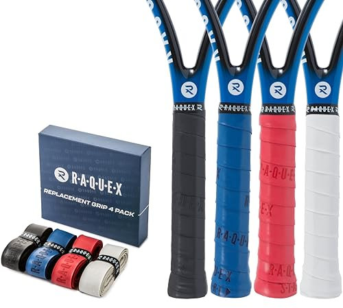 Raquex Ersatz-PU-Griffband 4er-Pack: Tennis, Squash, Badminton. Selbstklebendes Griffband für Schläger. Wiederverwertbare Geschenkverpackung aus Pappe (Schwarz, blau, rot, weiß)
