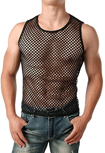 ROSVAJFY Herren Muskelshirt Ärmellos Netz, Mann Tanktop Transparent, Männer Netzhemd Atmungsaktiv, Herrens Netz Shirt Trägershirt Sport Top Gym Clubwear Fischnetz Sexy Schwarz (Schwarz 2, M)