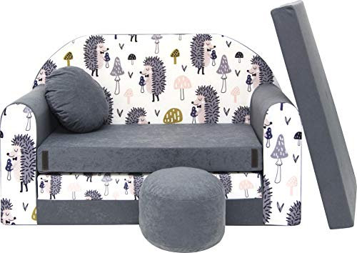 All4All Kindersofa - Klappsofa - Schlafsofa 3in1 - Velo - Spielsofa für Kinder - Sofa zum Aufklappen - mit Pouf - faltbar - zum Schlafen – Schaumstoff Sofa (AX1 Grau + Igel)