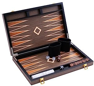 Engelhart - 250546 - Backgammon de Luxe 15 Pouces - Plaqué Bois de Ronces de Noyer Verni - Jeu de Société Classique – Cadeau Élégant - 50 x 39 x 2,5 cm (Ouvert) - Jeux en Bois Marquete