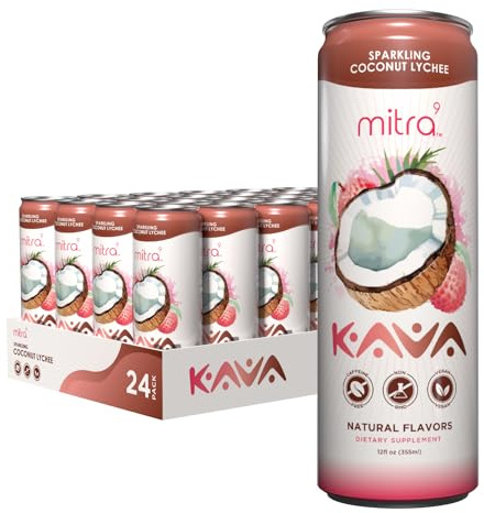 MITRA-9 Botanical Beverages - Coconut Lychee Sparkling Kava Drink With Kava Root Extract - Mood Enhancer - Plant Based - Promotes Natural Calm & Clarity (12 Fl. Oz) (24)